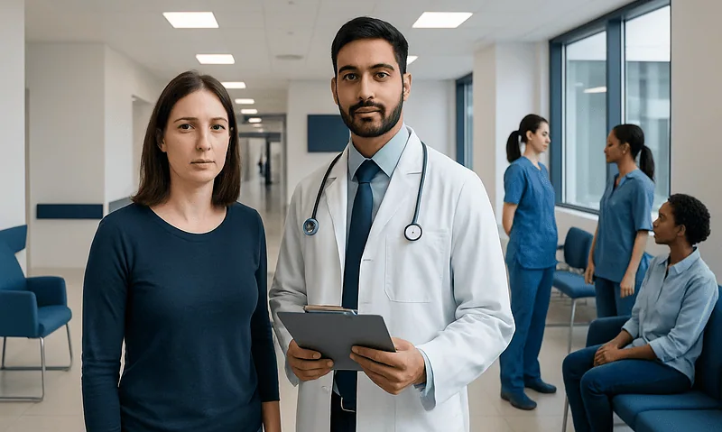 Doctor with patient in hospital corridor for skin treatment consultation.