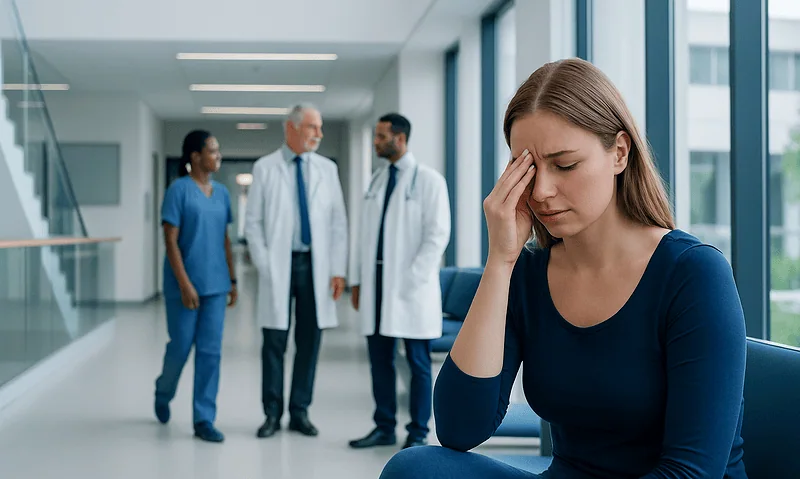 Young woman experiencing headache in hospital corridor with medical staff in background.
