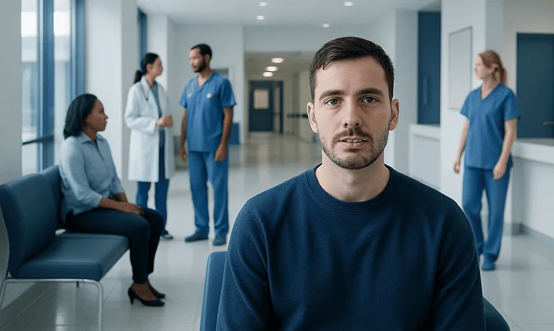 Patient with wired jaw in hospital waiting area with medical staff in background.