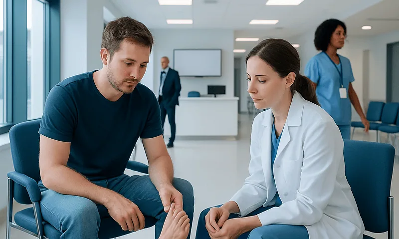 Doctor consulting with patient in a hospital waiting area.