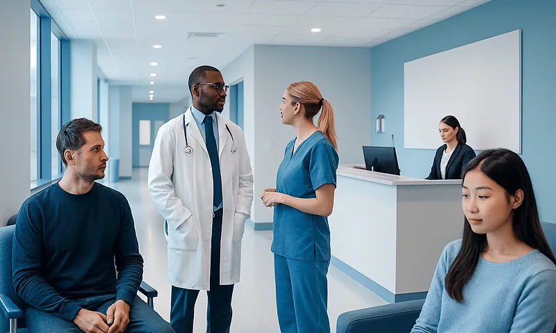 Medical consultation in a modern hospital corridor with healthcare professionals and patients.