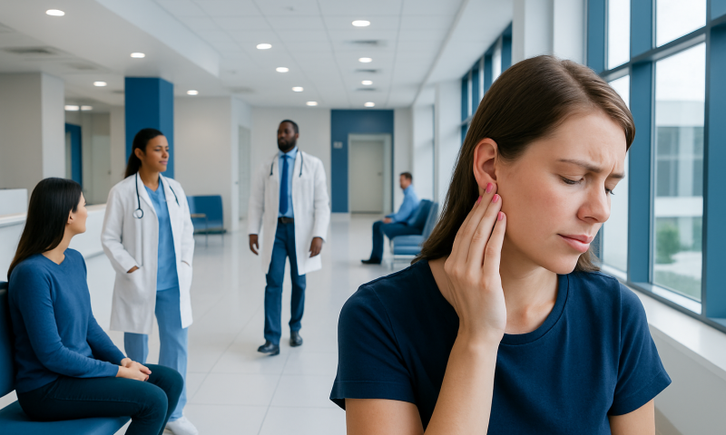 Young woman experiencing ear pain in a hospital waiting area.