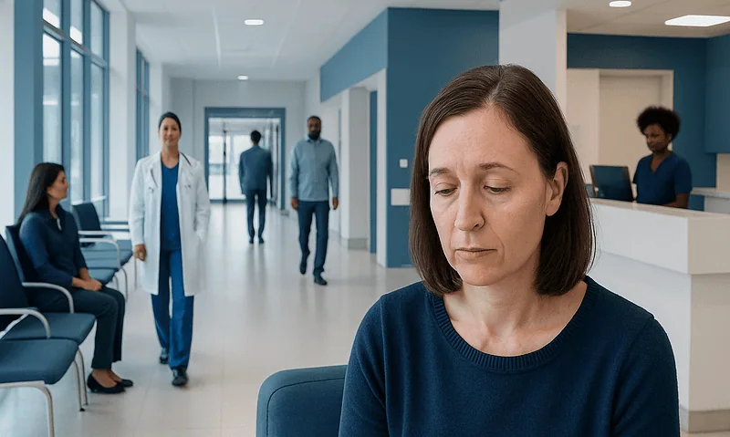 Woman with thinning eyebrows in a hospital waiting area.