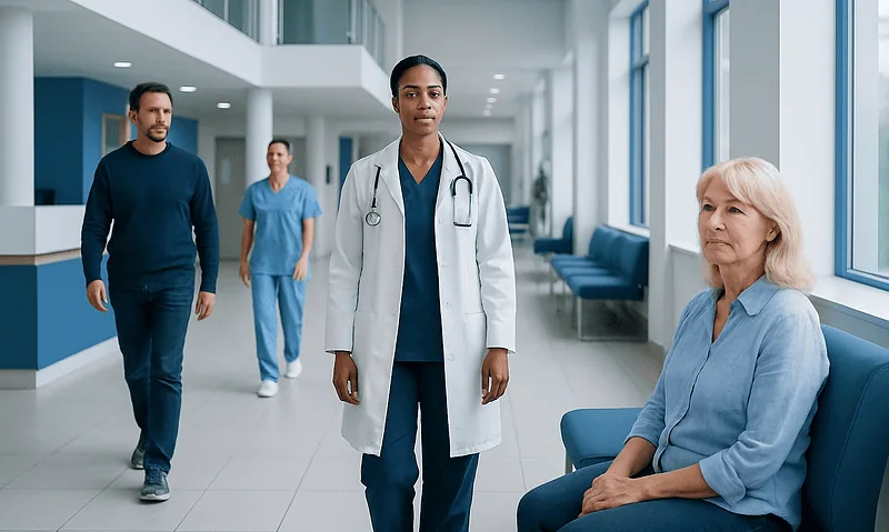 Healthcare professionals and patient in hospital corridor at Acibadem Hospitals Group.