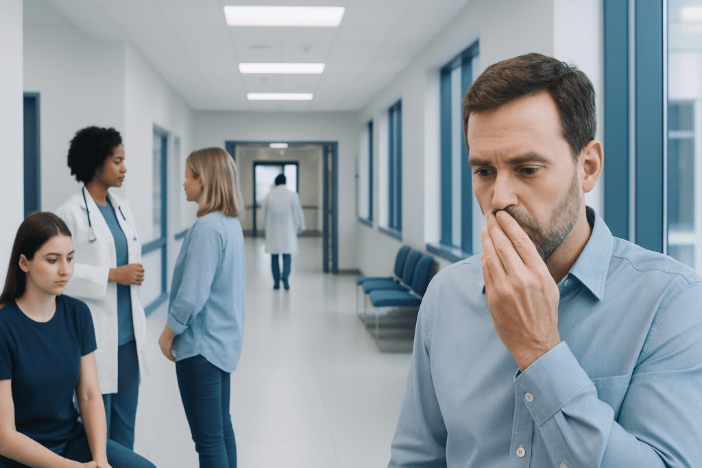 Breath Smells Like Poop: A Complete Medical Overview 1 Man worried about bad breath in hospital corridor.