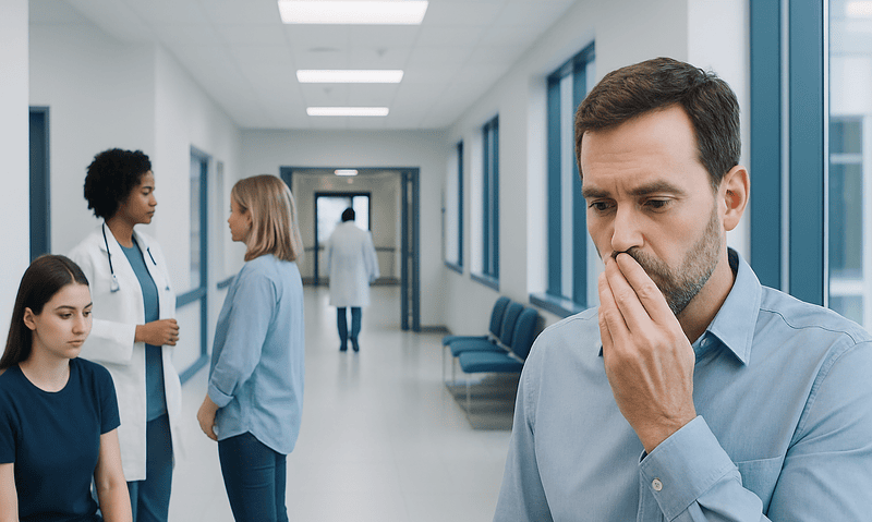 Man worried about bad breath in hospital corridor.