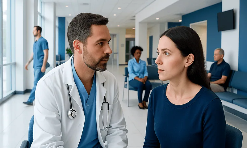 Doctor consulting a patient in a hospital waiting area.