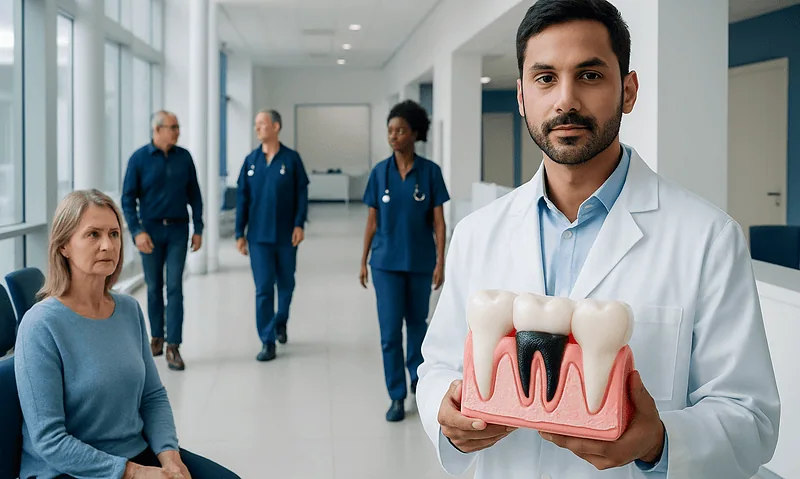 Dentist holding a model of a tooth with gum disease in a clinic.