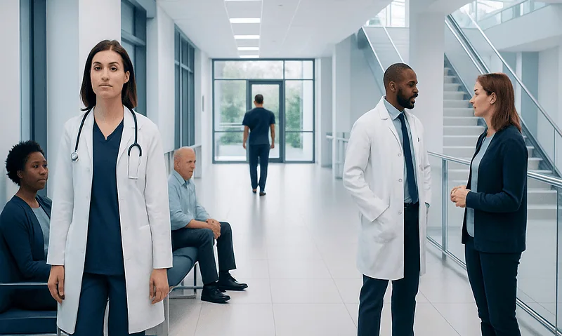 Medical professionals and patients in a hospital corridor at Acibadem Hospitals Group.