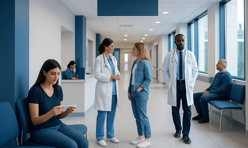 Medical professionals and patients in a hospital corridor at Acibadem Hospitals Group.