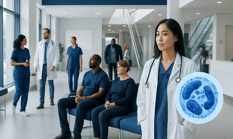 Medical team and patients in a hospital waiting area with a digital health display.