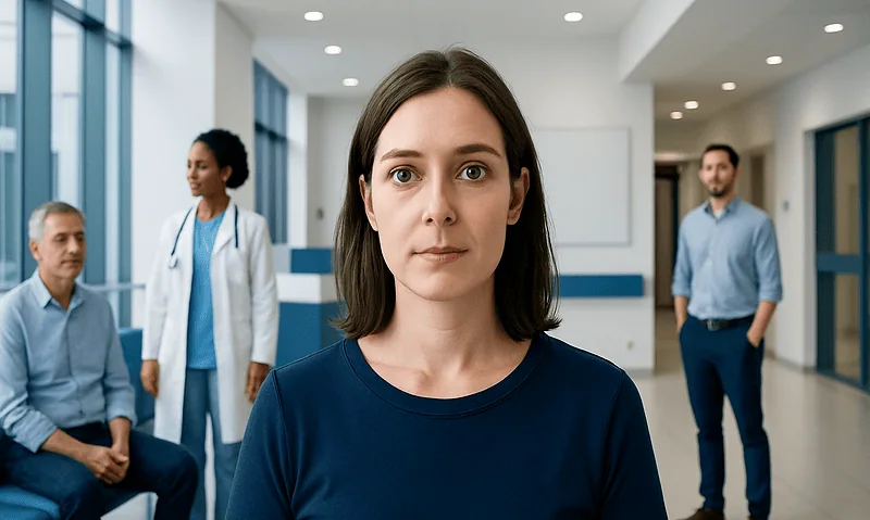 Woman with asymmetrical eyes in a medical consultation setting.