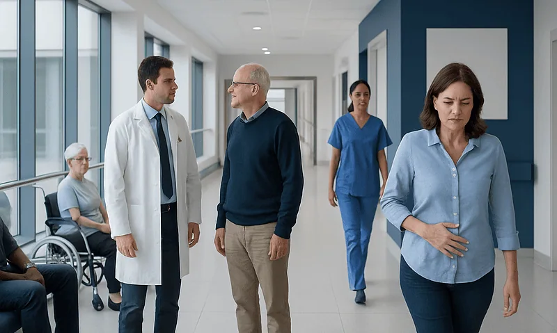 Pee Is Strong Smell: An Evidence-Based Guide for Patients 5 Hospital corridor with doctors and patients at Acibadem Hospitals Group.