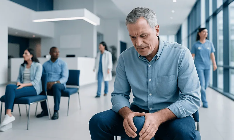 Man experiencing knee pain in a medical clinic waiting area.