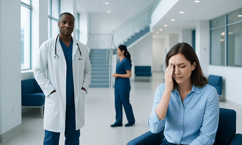 Patient experiencing eye pain in a hospital waiting area.