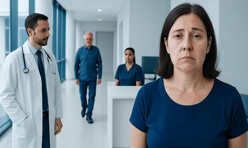 Woman with facial numbness in hospital corridor with medical staff.