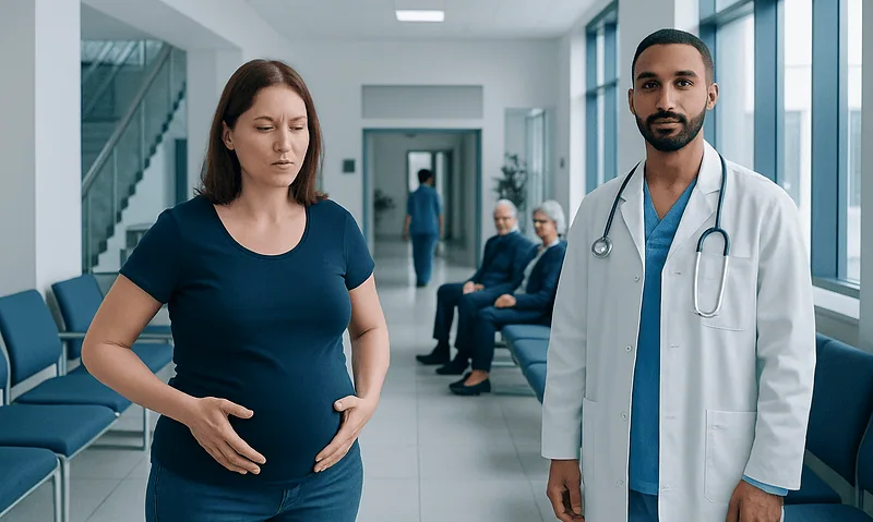 Pregnant woman in hospital corridor with doctor and waiting patients.