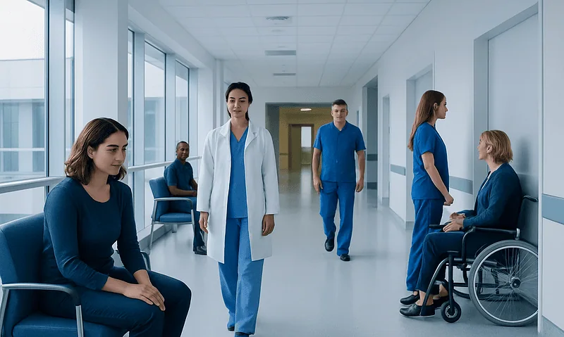 Hospital corridor with medical staff and patients in blue scrubs and uniforms.