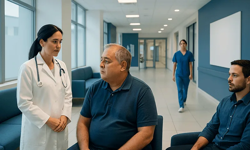 Doctor consulting with male patient in hospital corridor.