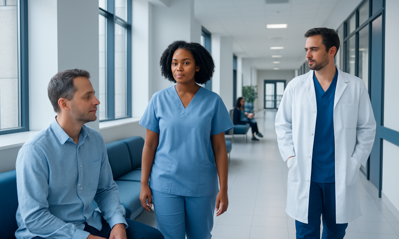 Medical professionals discussing patient care in hospital corridor.