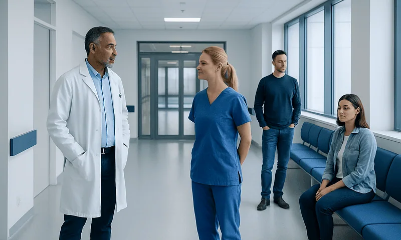 Doctor consulting with patients in a hospital corridor.
