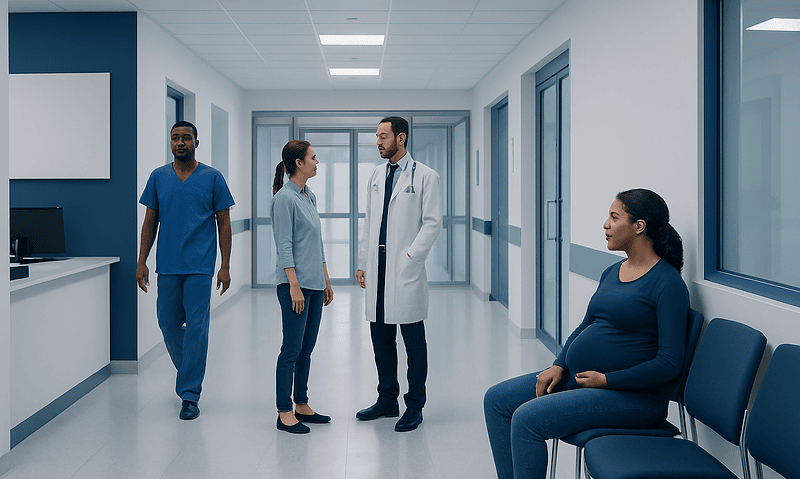 Why Can I Feel My Heartbeat in My Belly? Here Is What the Evidence Says 7 Medical team consulting with pregnant woman in hospital corridor.