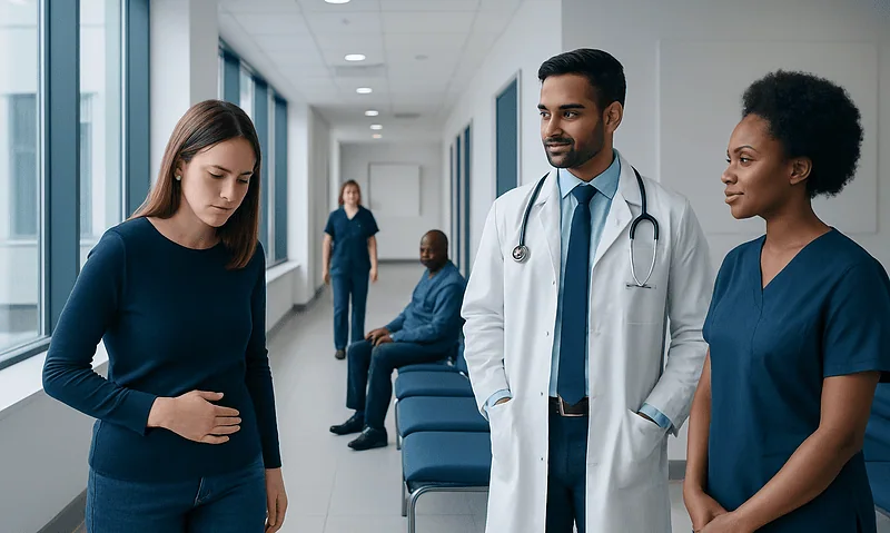 Doctor and nurse consulting pregnant woman in hospital corridor.
