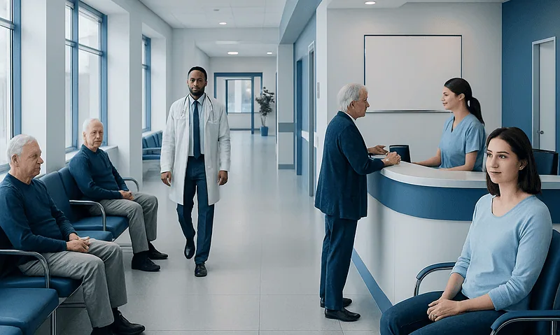 Modern hospital waiting area with patients and staff in a bright, clean environment.