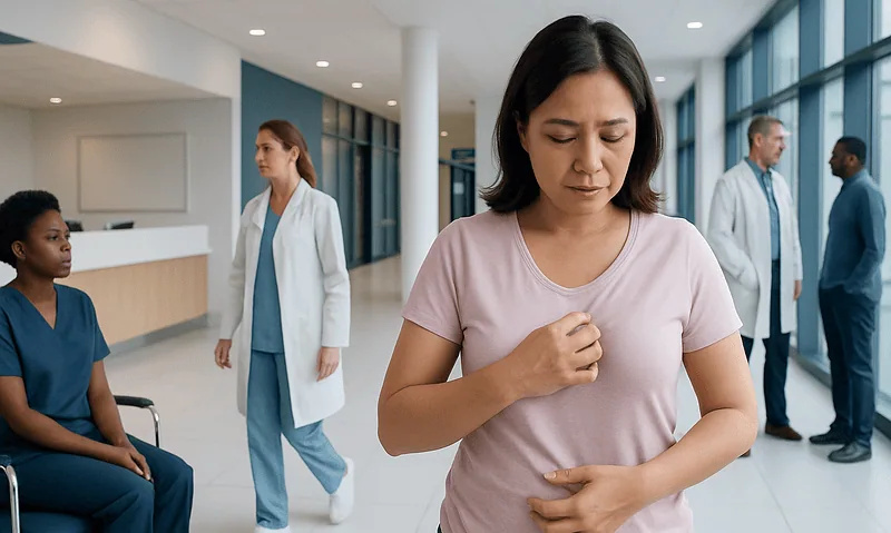 Woman experiencing breast itchiness in a hospital corridor.