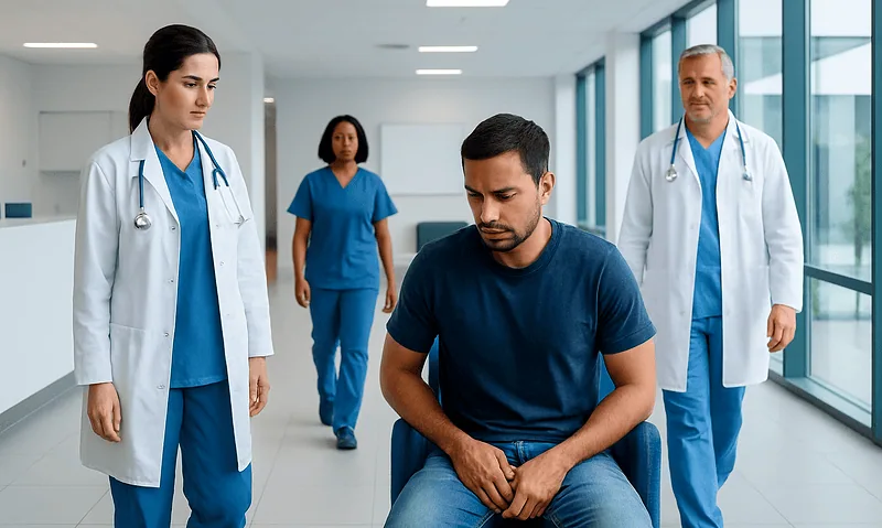 Patient sitting in hospital corridor with medical staff around him.