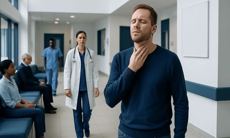 Man experiencing throat discomfort in hospital corridor.