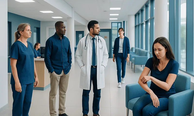 Medical team consulting a patient in a hospital corridor.