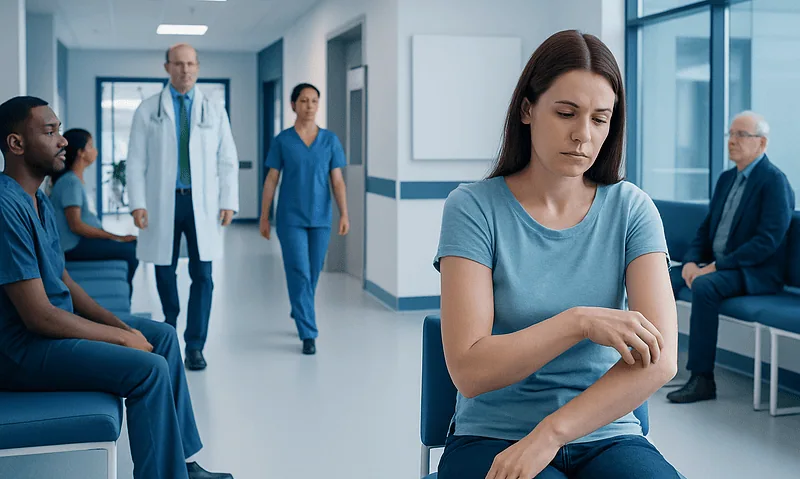 Young woman experiencing itching in a hospital waiting area.