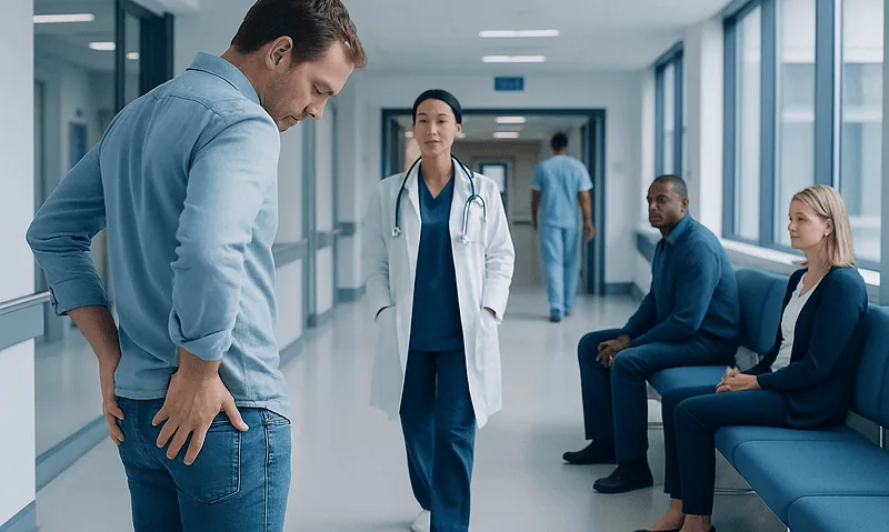 Patient experiencing lower back pain in hospital corridor.