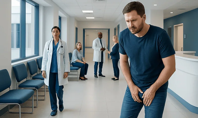 Man experiencing discomfort in a hospital corridor with medical staff nearby.