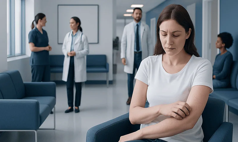 Young woman with itchy bumps on arms in a medical clinic waiting area.