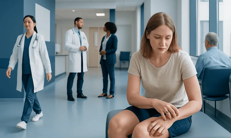 Young woman with itchy skin sitting in hospital corridor.