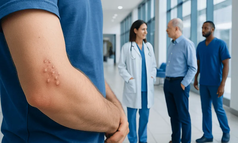 Close-up of a patient's arm with itchy bumps filled with clear liquid in a hospital corridor.