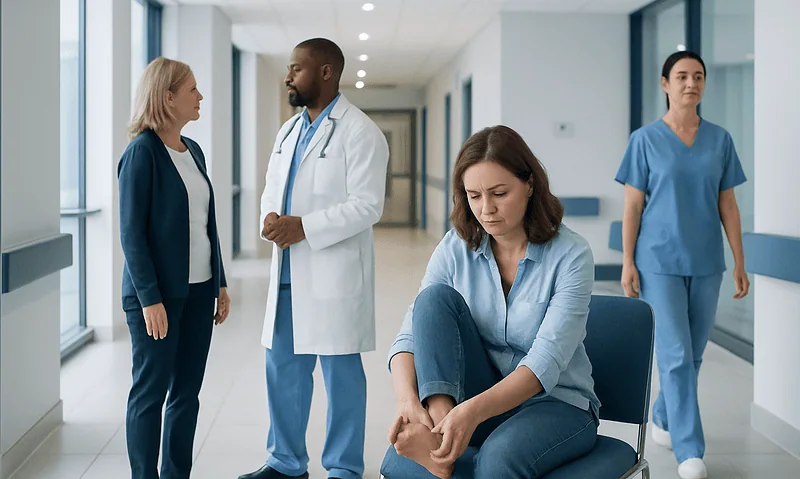 Patient with itchy feet in hospital corridor, seeking medical advice.
