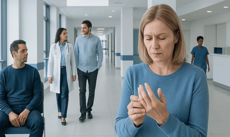 Woman with itchy fingers in a hospital corridor.
