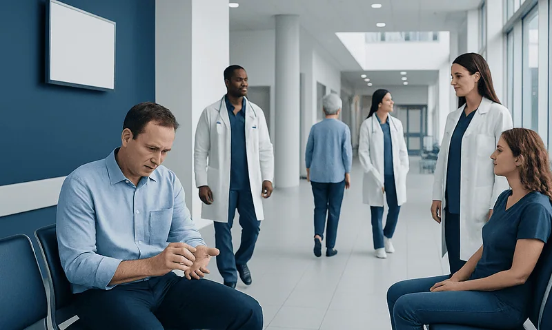 Patient waiting in hospital corridor with medical staff nearby.