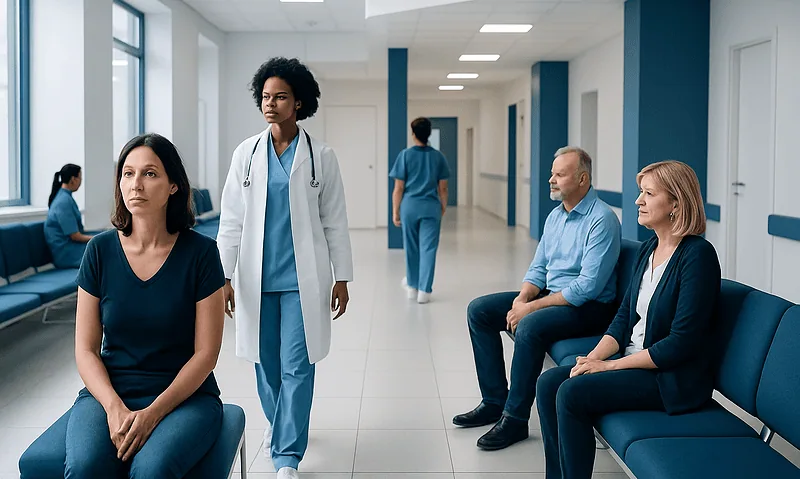 Patients waiting in a hospital corridor with medical staff present.