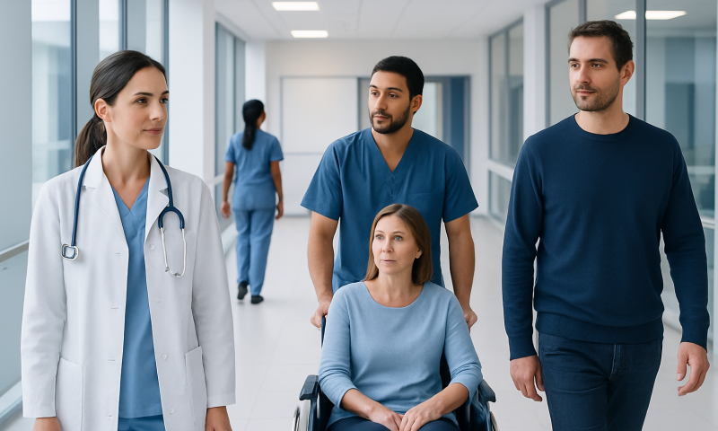 Medical team walking with patient in hospital corridor.