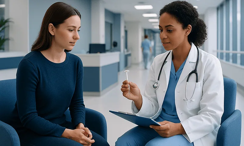 Doctor explaining IUD insertion procedure to a patient in a hospital corridor.