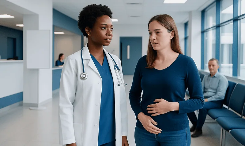 Doctor consulting a patient in a hospital corridor.