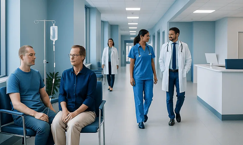 Medical consultation in a hospital corridor with healthcare professionals and patient.