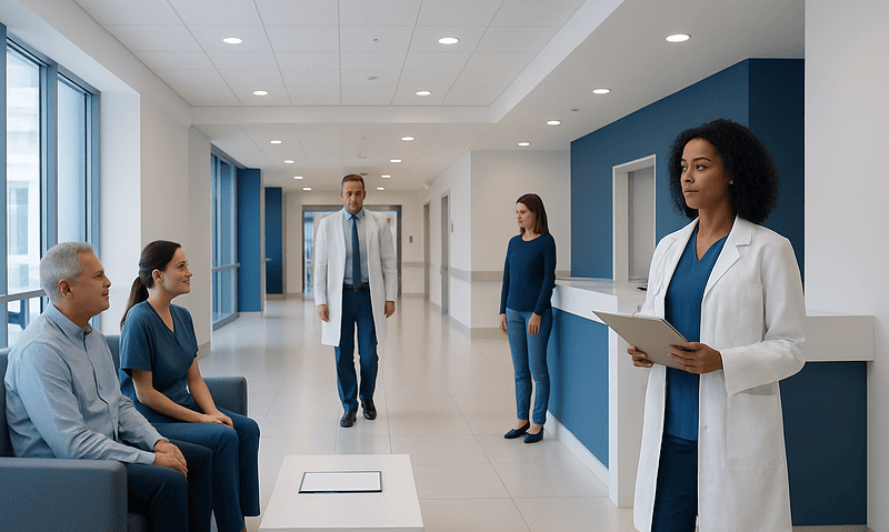 Medical team discussing patient care in a modern hospital corridor.