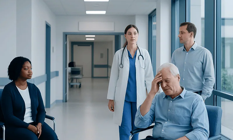 Doctor consulting with elderly patient in hospital corridor.