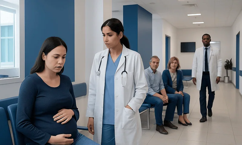 Pregnant woman consulting with a doctor in a hospital corridor.
