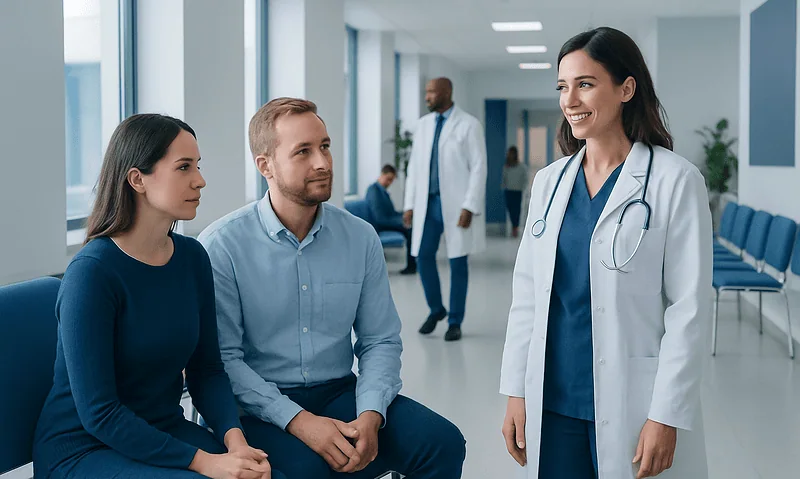 Doctor consulting with couple in hospital corridor for IVF treatment.